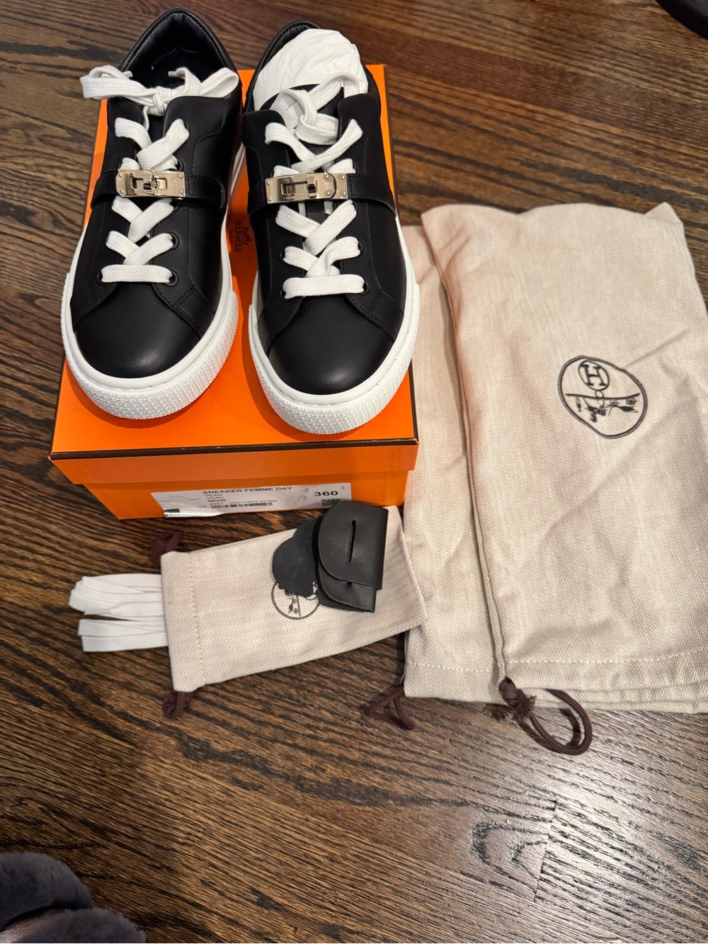 Hermes Black Leather Low-Top Sneakers with White Soles